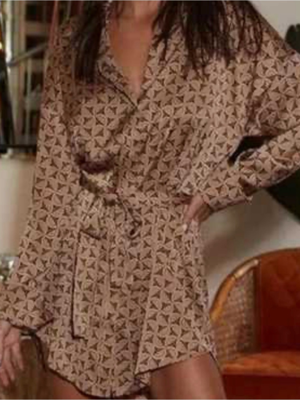 12th Tribe Shirt Dress Satin Brown Cream Retro 70s Festival